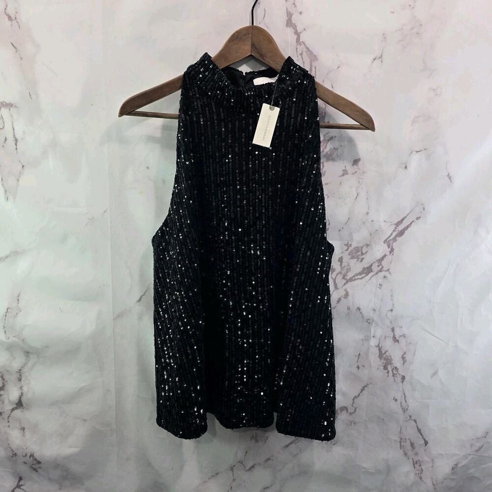 Anthropologie Top Womens Large Black Sequin Tank Keyhole Mock Eri Ali
